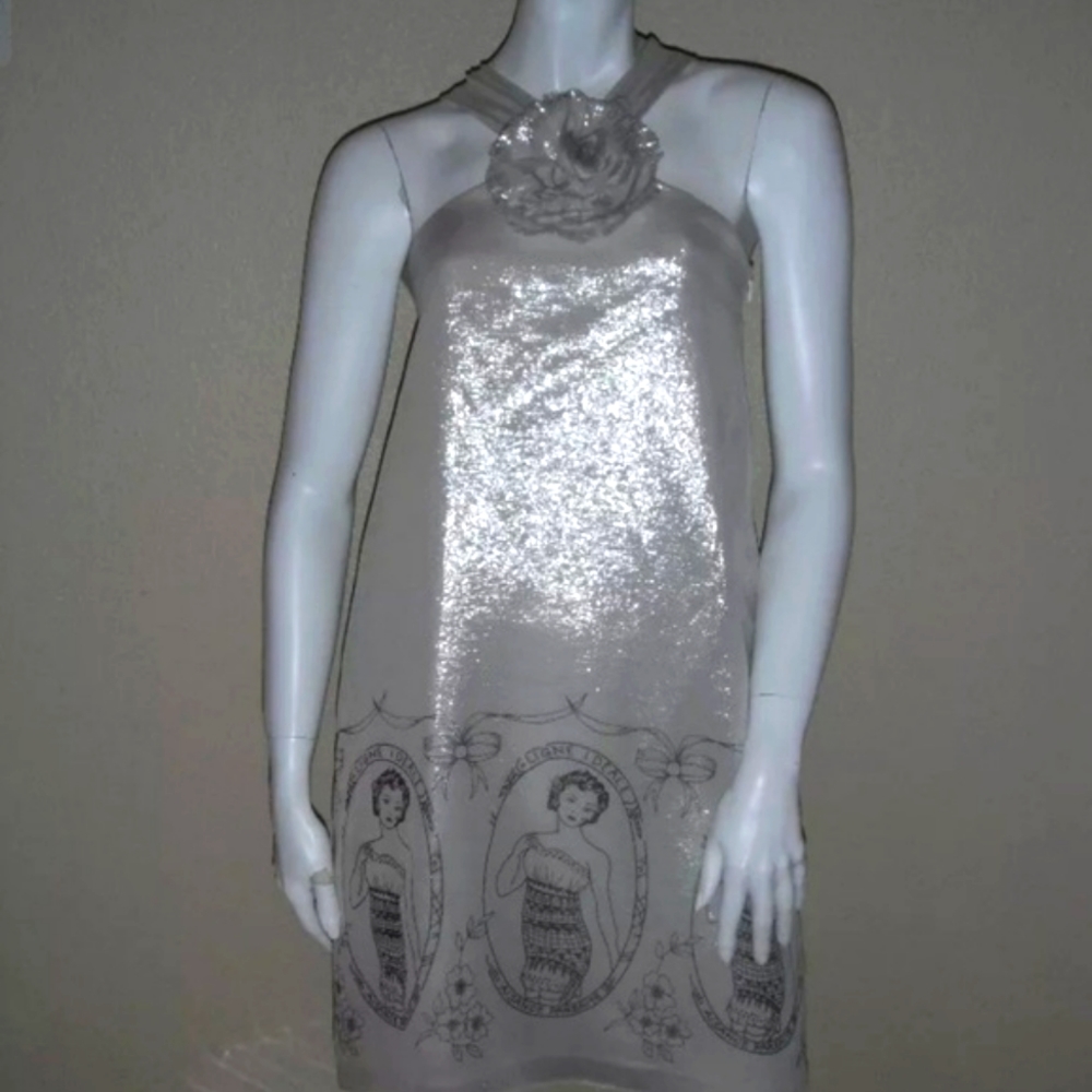 Voom by Joy Han Nautical Silver Halter Dress with Rosette NWOT